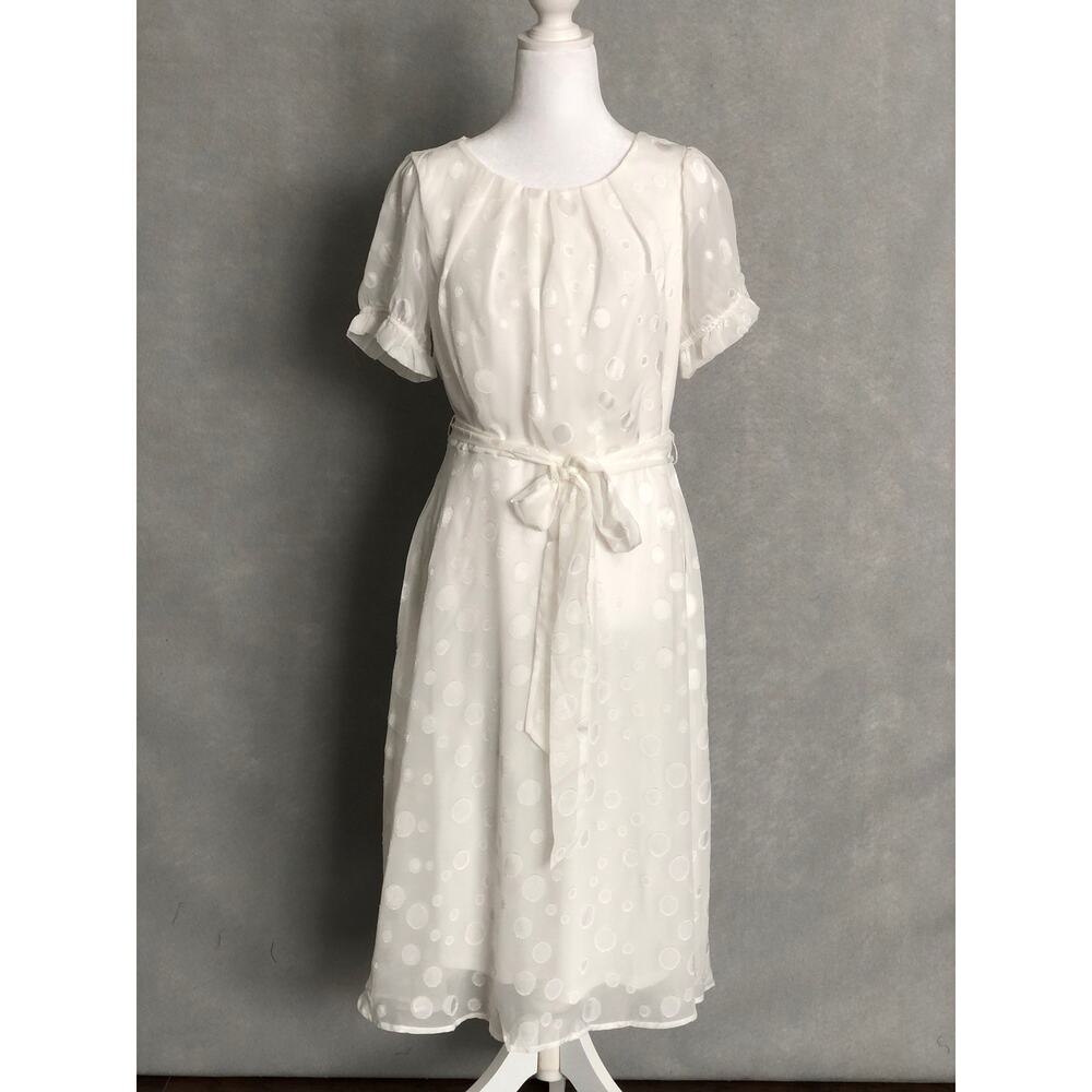Ivory Polka Dot Midi Dress with Tie Waist